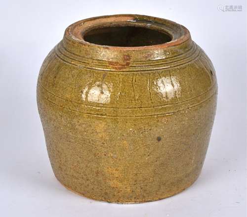 A large stoneware celadon glazed ginger jar, lacking lid, the bulbous body with tapered short