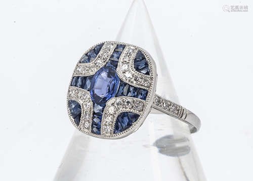 An Art Deco style sapphire and diamond platinum dress ring, ring size N, 4.2g