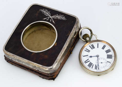 An early George V tortoiseshell and silver Goliath pocket watch stand, leather back, lacks stand,