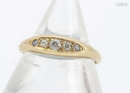 An 18ct gold old cut diamond five stone ring, the channel set diamonds within a Chester hallmarked