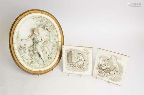 Two Victorian Minton transfer printed tiles depicting women in a rural idyll, 15.5cm, together