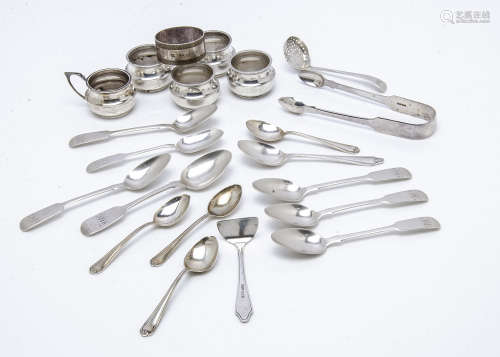 A collection of silver teaspoons and other items, including a set of four silver salts and a