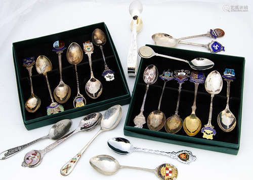 A collection of silver and silver plated souvenir teaspoons