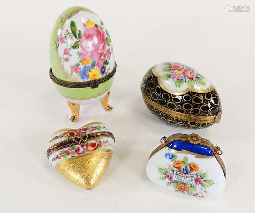 Four French enamel pill pots, one taking the form of a purse on chain with decoration of a musical