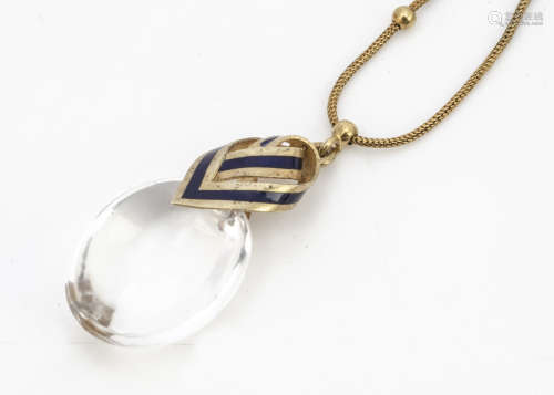 A 19th Century continental rock crystal and enamel pendant and fine gold chain, the oval rock