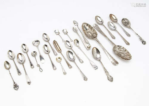 A pair of Georgian silver berry tablespoons and other silver flatware, including a pair of miniature