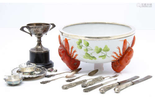 A collection of silver and other items, including a porcelain lobster bowl from WMF, small silver