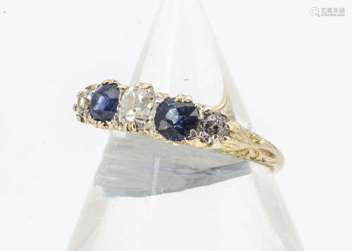 An early 20th Century sapphire and diamond five stone dress ring, the three brilliant cut diamonds
