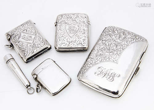 Three Victorian and later silver vesta cases, together with a silver cigarette case and a silver