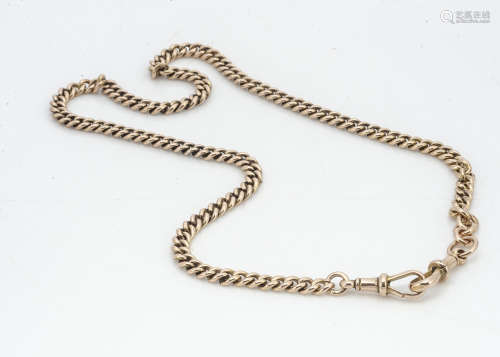 A 9ct gold curbed link watch chain converted to a necklace, with snap clasps, marked JK, 42cm