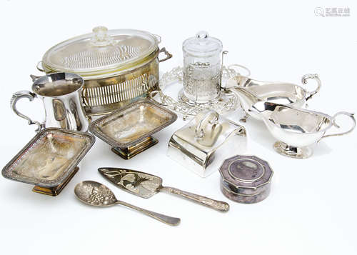 A collection of Victorian and 20th Century silver plate, including a pair of Walker & Hall footed