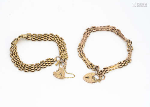 Two padlock clasp bracelets, with safety chains and oval links, 9ct gold hallmarks, each 20cm, 16.7g