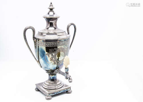 A late Victorian silver plated samovar by Lloyd Payne & Amiel, neo-classical with carved ivory