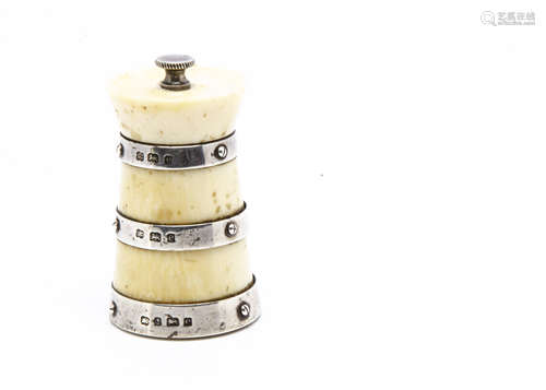 An Edwardian ivory and silver pepper mill by Heath & Middleton, tapered with three applied silver