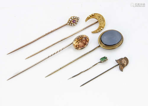 A collection of various stick pins, including a paste set foil backed example circa 1830, af, a