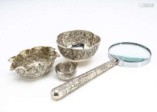 Three vintage Indian white metal bowls, various shapes, 11.5cm, 13.5cm and 5cm, together with a