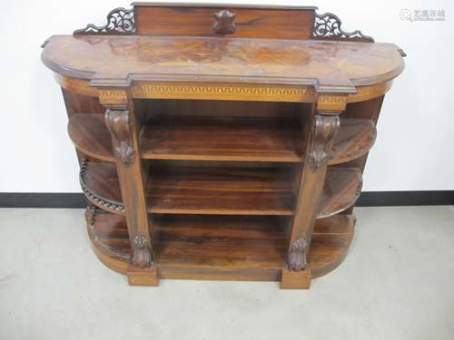 A Victorian rosewood console bookcase, bow front with parquetry Greek key design to frieze,