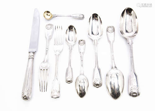 A Harlequin part canteen of silver cutlery, all fiddle, thread and shell pattern, some with engraved