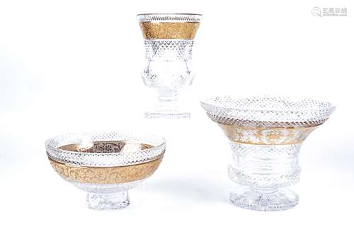 A trio of cut glass centrepieces with hobnail diamond design with gilt banding and foliate design,