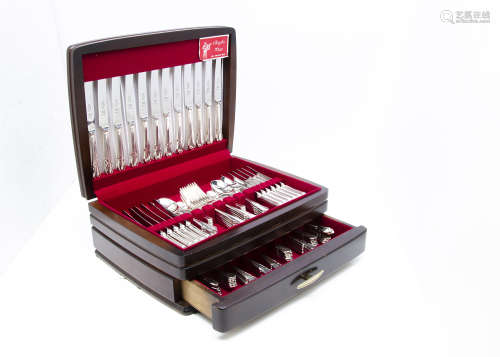 A canteen of silver plated cutlery, with place settings for 12, in a wooden box