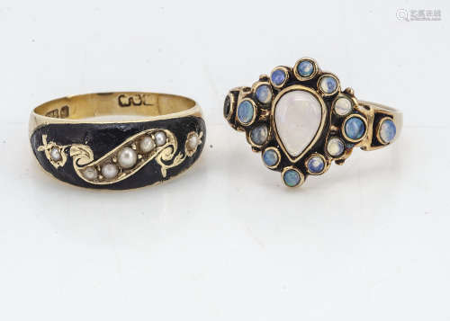A 15ct gold enamel and pearl mourning ring, 3.2g, ring size O and a contemporary 9ct gold rainbow