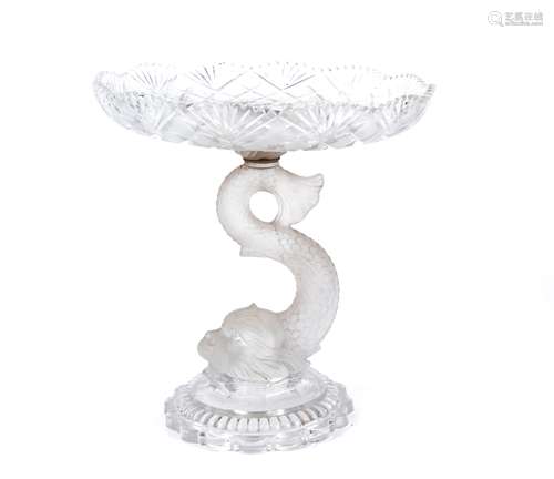 A 20th Century glass centrepiece, the bowl raised and supported on the tail of a frosted glass