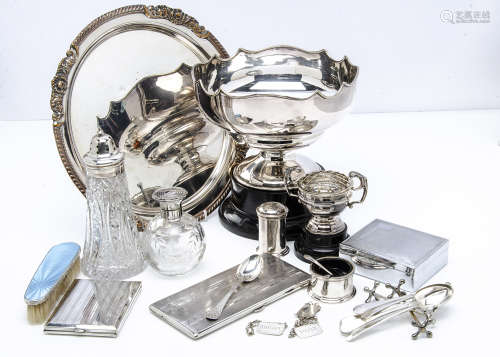 A collection of silver and silver plate, in box, including a set of eight silver golf coffee spoons,
