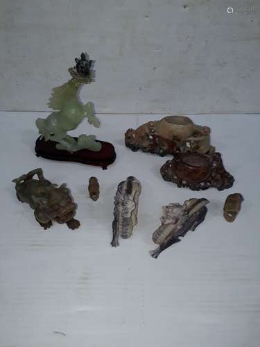 Oriental Hardstone and Soapstone Carvings, a boxed jadeite figure of a stallion holding a turtle