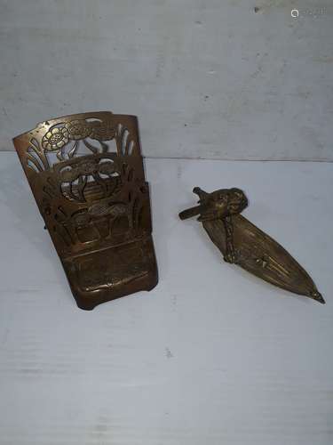 Edwardian Brass Desk Stands, a German Art Nouveau travelling example floral engraved with inkwell