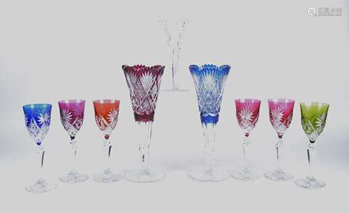 Two 20th Century Continental flashed glass vases, one ruby one blue, height 31cm, together with a