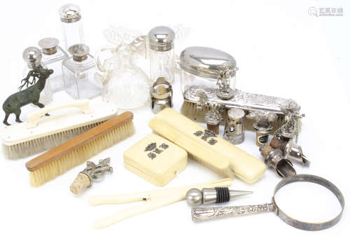 A collection of silver and other interesting items, including a silver clothes brush, two ivorine