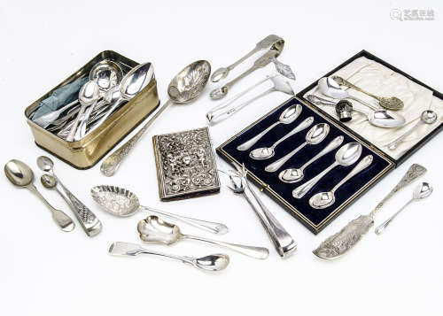 A small collection of silver and silver plated spoons and serving utensils, also a set of six silver