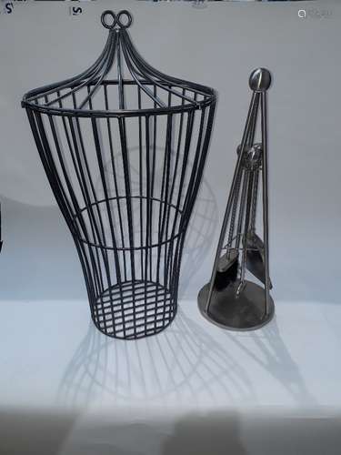 Wrought Iron Log Basket and Steel Companion Set, a contemporary lidded wrought iron log basket