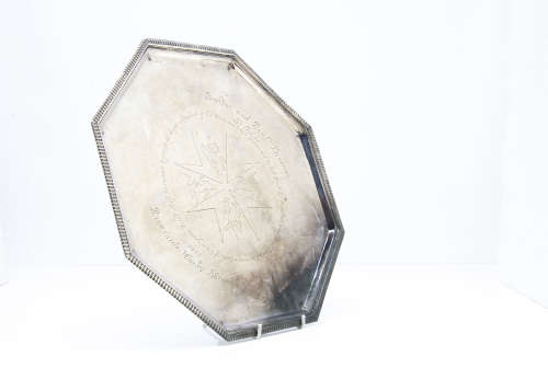 A George VI silver presentation salver from HJB, octagonal, 32.5cm wide, 41.5 ozt, with engraved