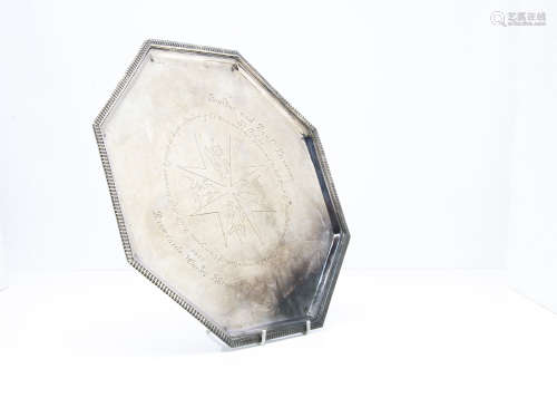 A George VI silver presentation salver from HJB, octagonal, 32.5cm wide, 41.5 ozt, with engraved