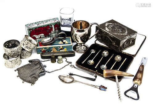 A collection of silver and silver plate, including a silver Christening mug, a set of six silver