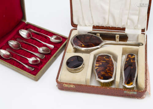 An early 20th Century cased continental silver set of six teaspoons, together with an Edwardian