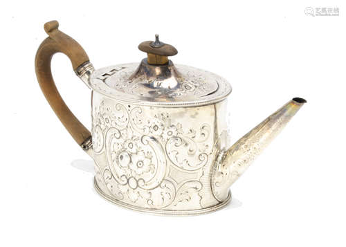 A Regency period white metal teapot, with later additional rococo decoration and repairs, AF, 12.