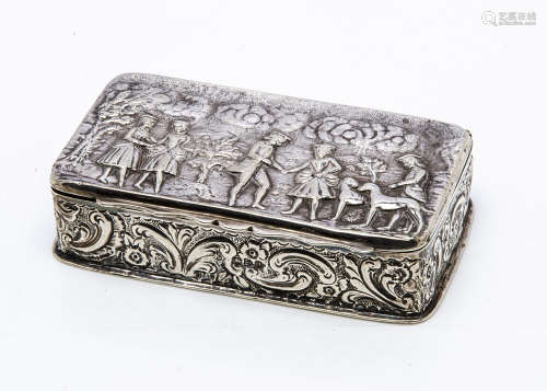 A late Victorian silver table box by Nathan & Hayes, 6ozt, 13cm wide, having raised scene of figures