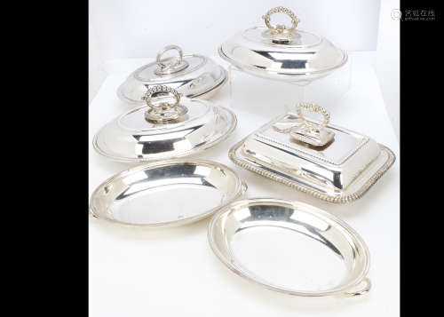 Five Victorian and later silver plated entrée dishes, each lidded tureen with removeable handle,