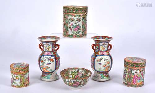 Three 19th Century Chinese Canton rose medallion cylindrical pots, with alternating cartouches of