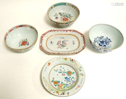 A group of 18th Century and later Chinese export porcelain plates and bowls, all a/f and with
