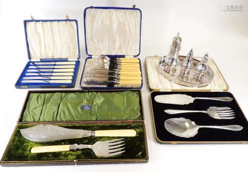 A small quantity of silver plated wares to include three cased Viners servers, cased butter