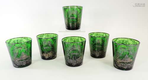 Six Venetian green glass tumblers, each with gondola and basilica decoration, height 8cm (6)