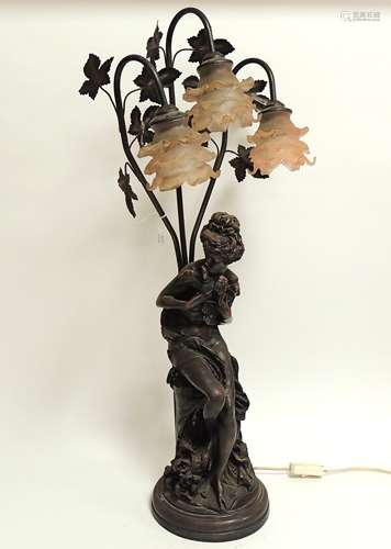 After Albert Ernest Carrier-Belleuse (1824-1887) a figural three branch lamp, depicting a beauty