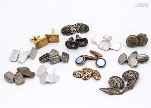 A collection of gentleman's cufflinks, including silver and enamel, filigree, engine turned and