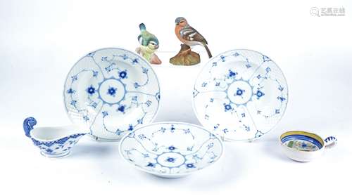 Two porcelain bird groups, one a no. 283 Blue Tit decorated by J Bromley, from the Crown