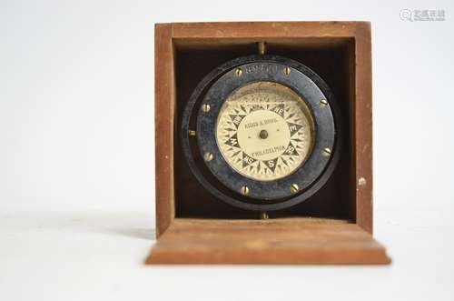 A Riggs & Bros, Philadelphia, Compass in sliding wooden case, length 9cm, box 12cm x 12cm x 8cm