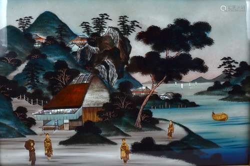 Japanese Paintings on glass, a pair of 1920s panels depicting views of coastal villages with figures