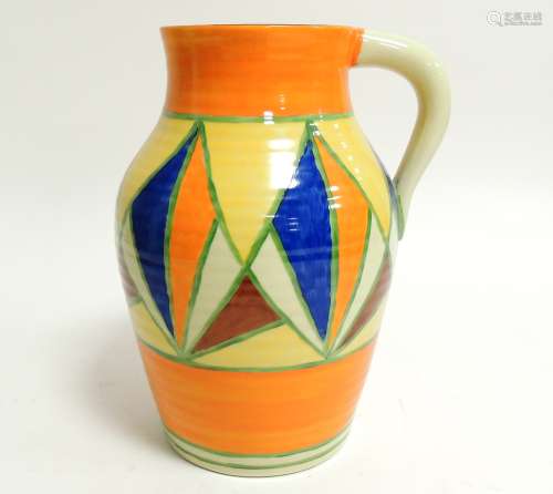 A Clarice Cliff bizarre lotus jug, with single handle, central geometric pattern bordered with bands